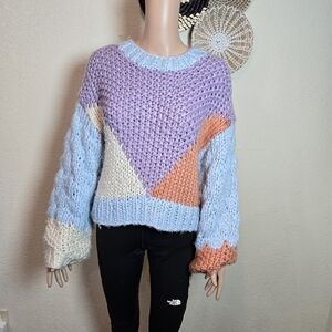 Entro Color Block Round Neck Pullover Sweater Knit orange blue purple Medium